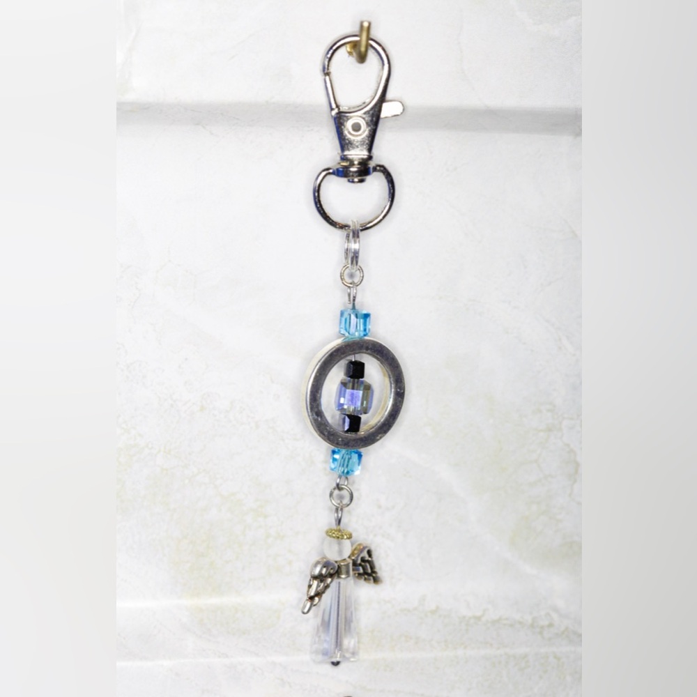 One of a Kind Handmade Framed Blue Bead and Angel Keychain Bag Charm